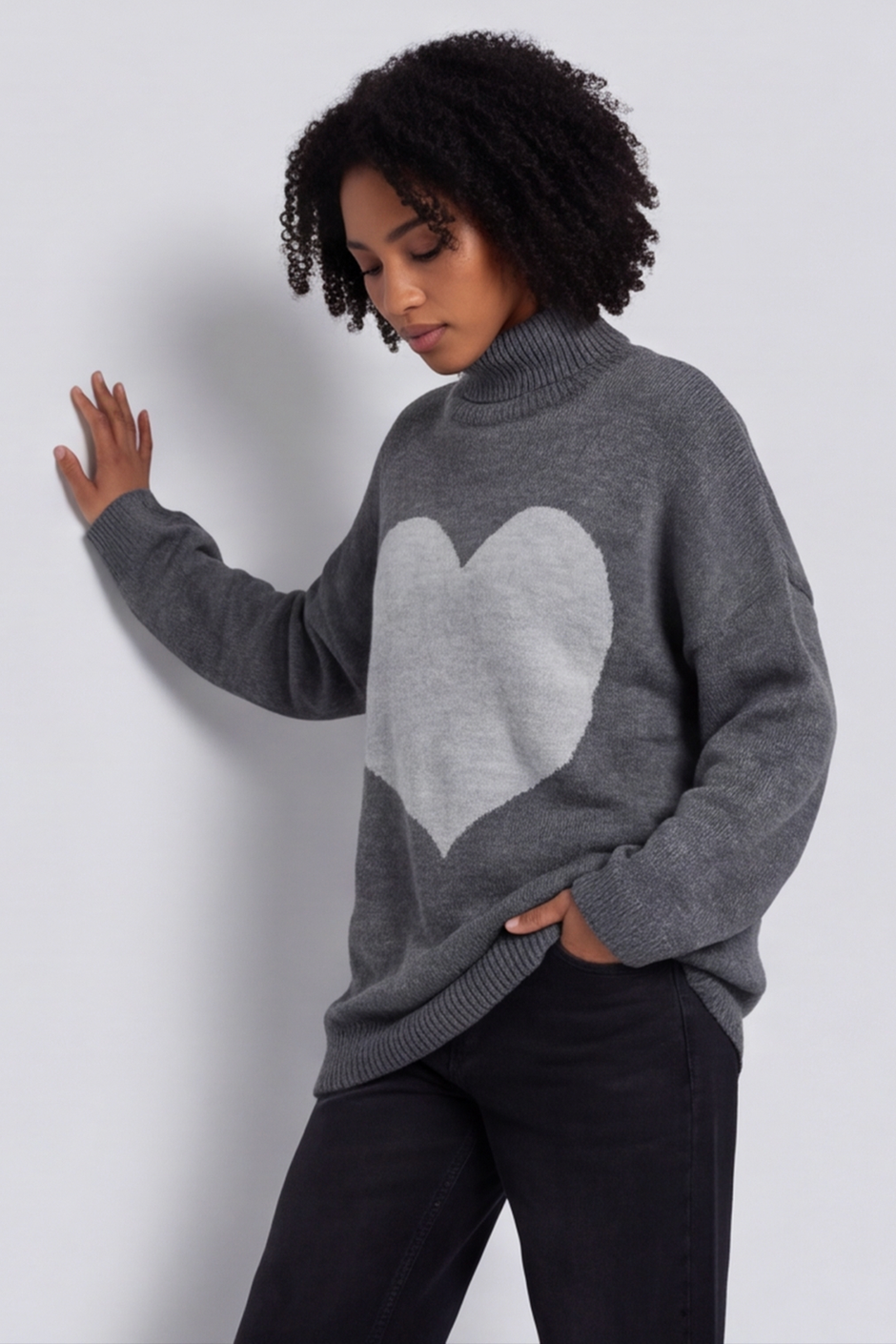 Azura Heart Polo Neck Jumper Mid Grey
