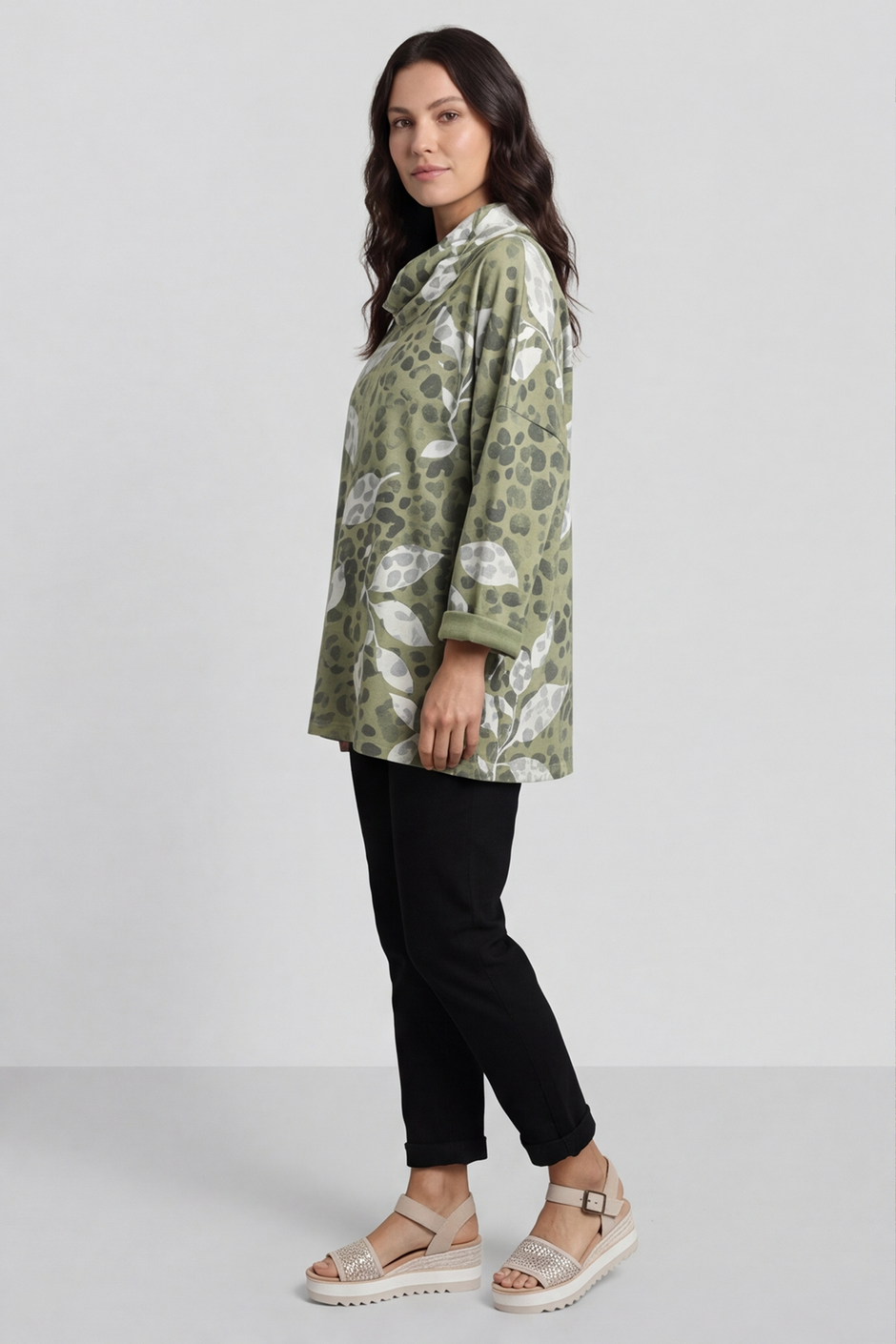 Beryl Print Cowl Neck Cotton Top Green