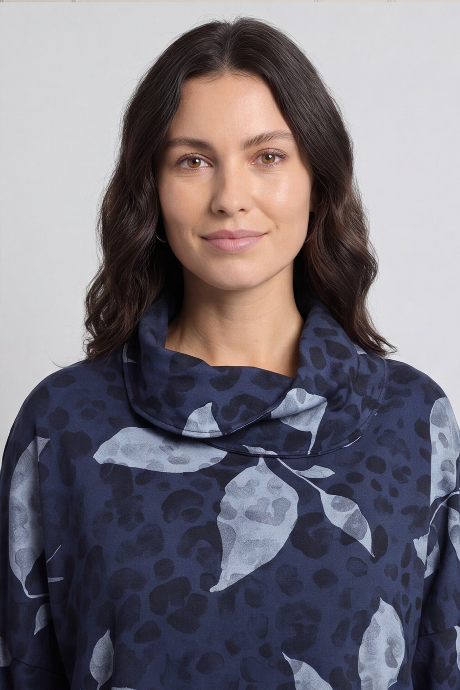 Beryl Print Cowl Neck Cotton Top Navy