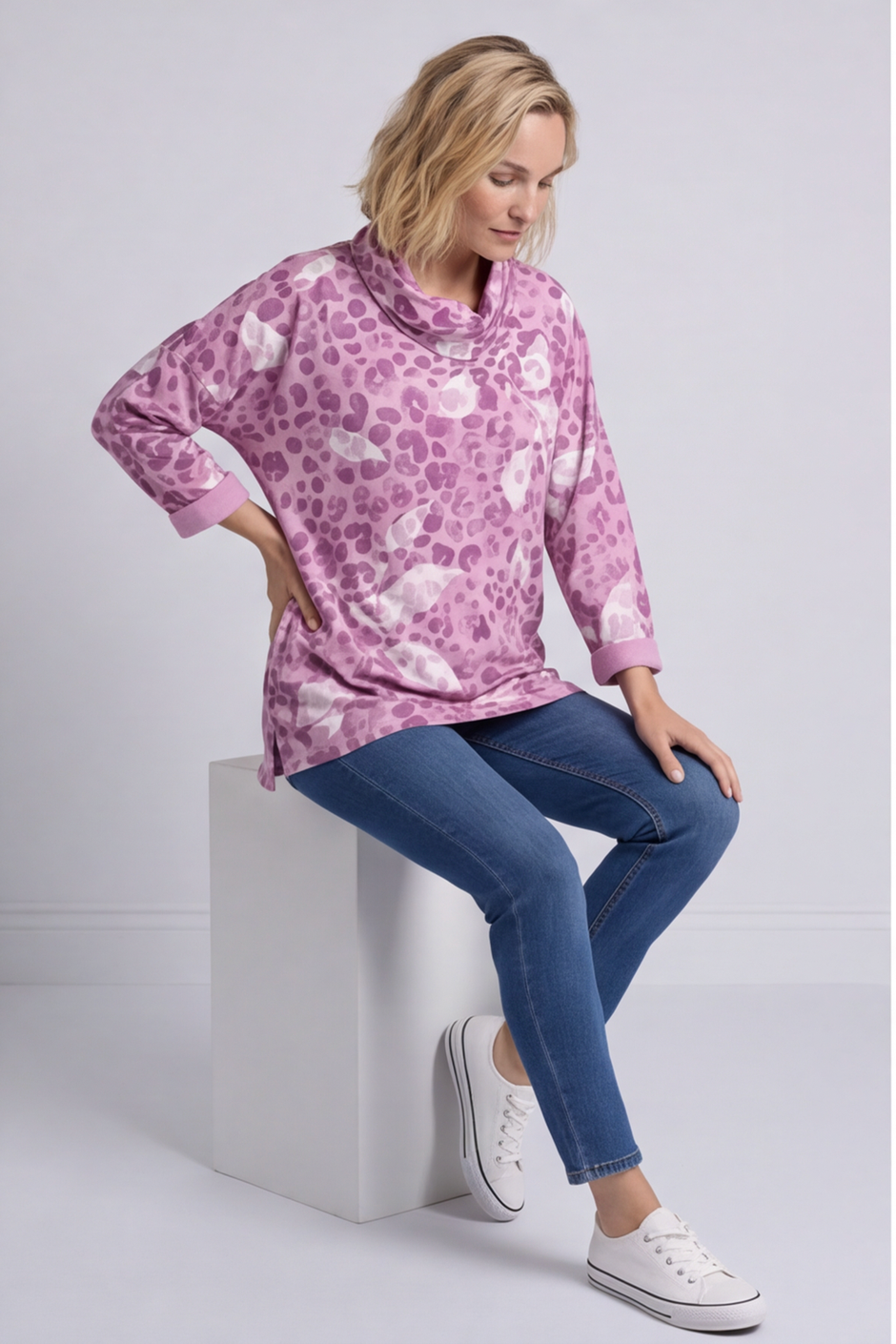 Beryl Print Cowl Neck Cotton Top Pink