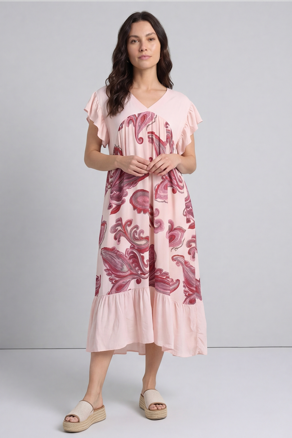 Carli V-Neck Pattern Dress Pink