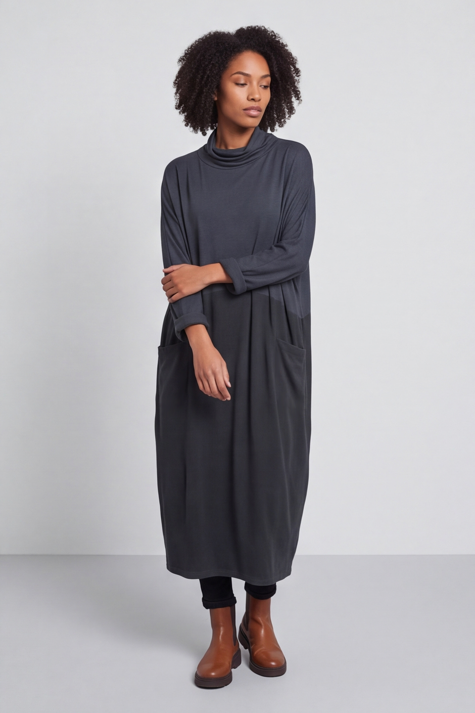 Libby Cowl Neck Cotton Dress Charcoal