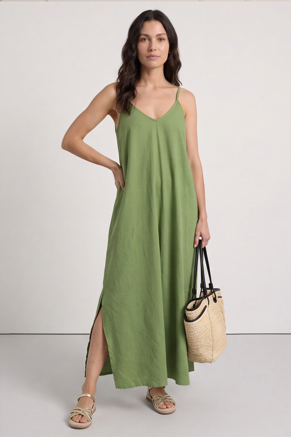 Cesca Strap Linen Dress Olive