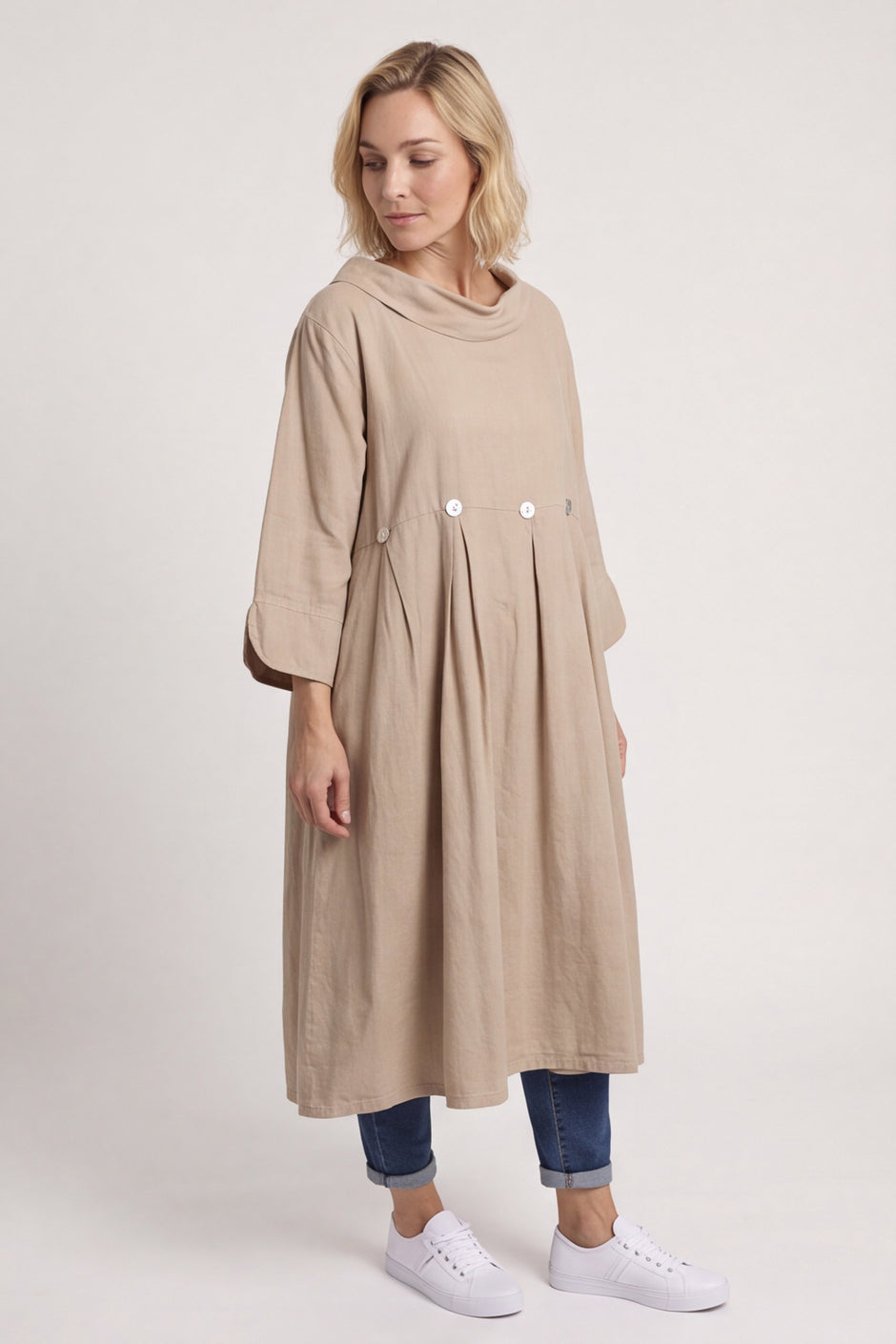 Cromer Button Detail Linen Dress Camel