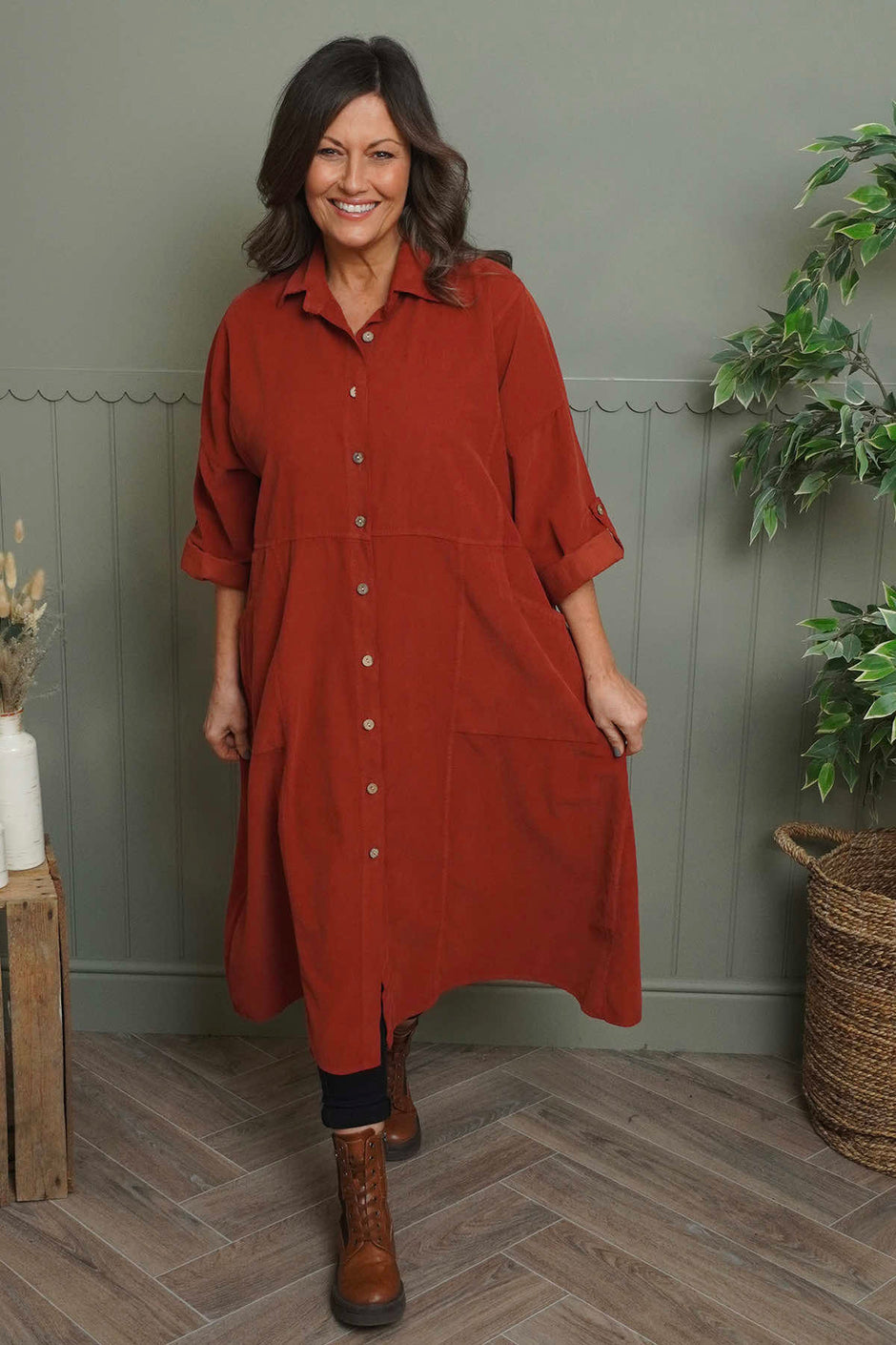 Lecia Needlecord Shirt Dress Burnt Orange