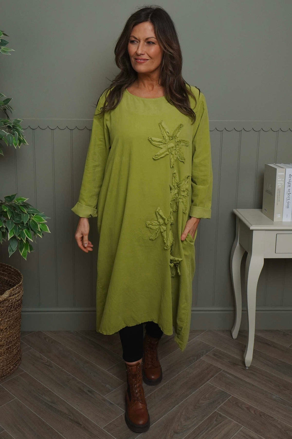 Florina Flower Patch Needlecord Dress Green