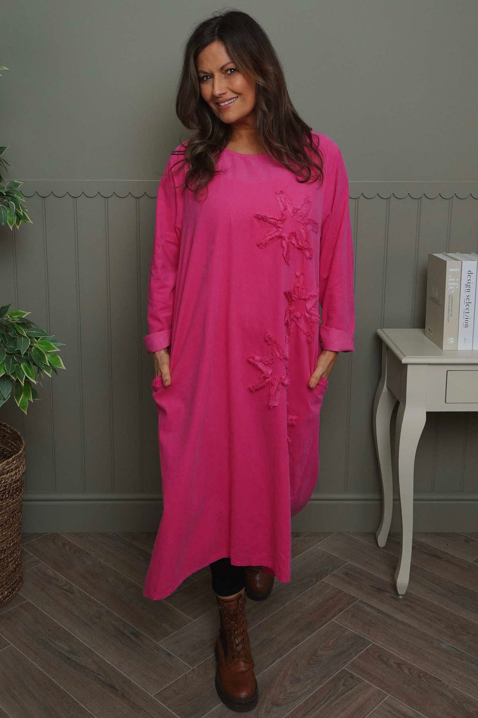 Florina Flower Patch Needlecord Dress Fuchsia