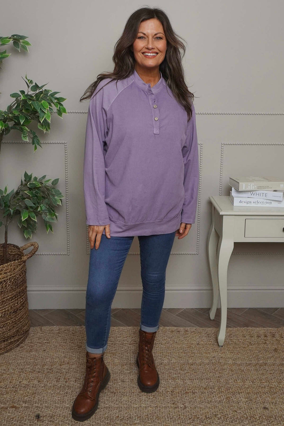 Nyree Button Cotton Top Purple
