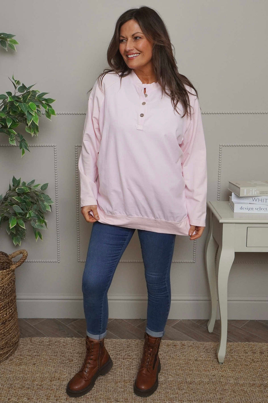Nyree Button Cotton Top Pink