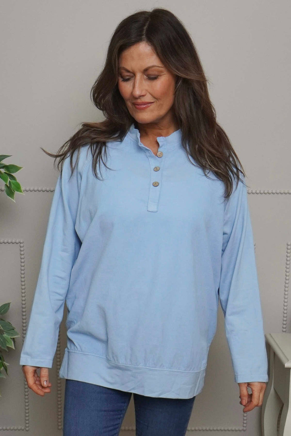 Nyree Button Cotton Top Light Blue