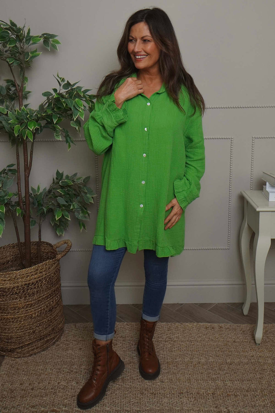 Krista Crinkle Cotton Shirt Green
