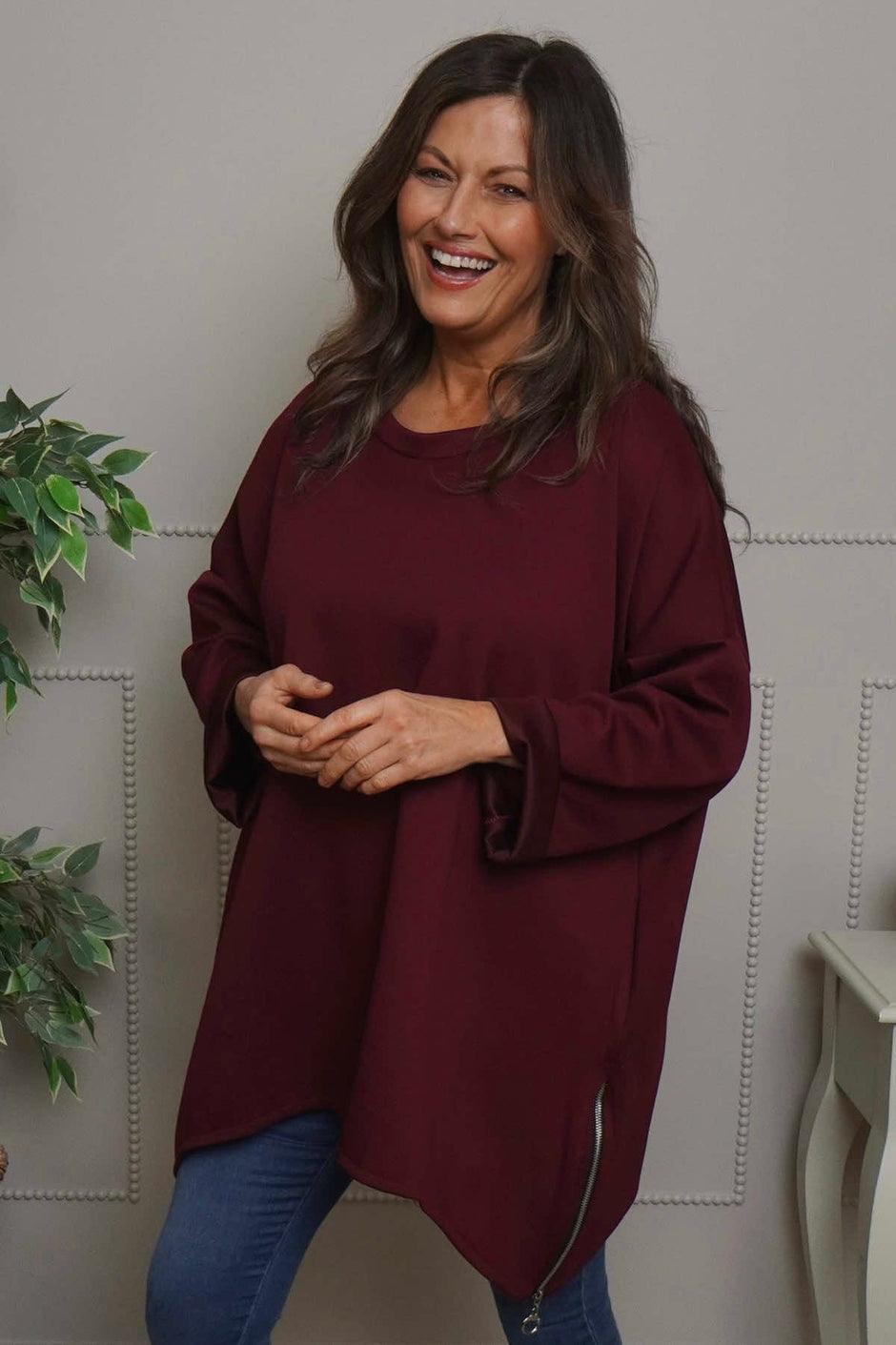 Lynne Zip Dipped Hem Top Wine