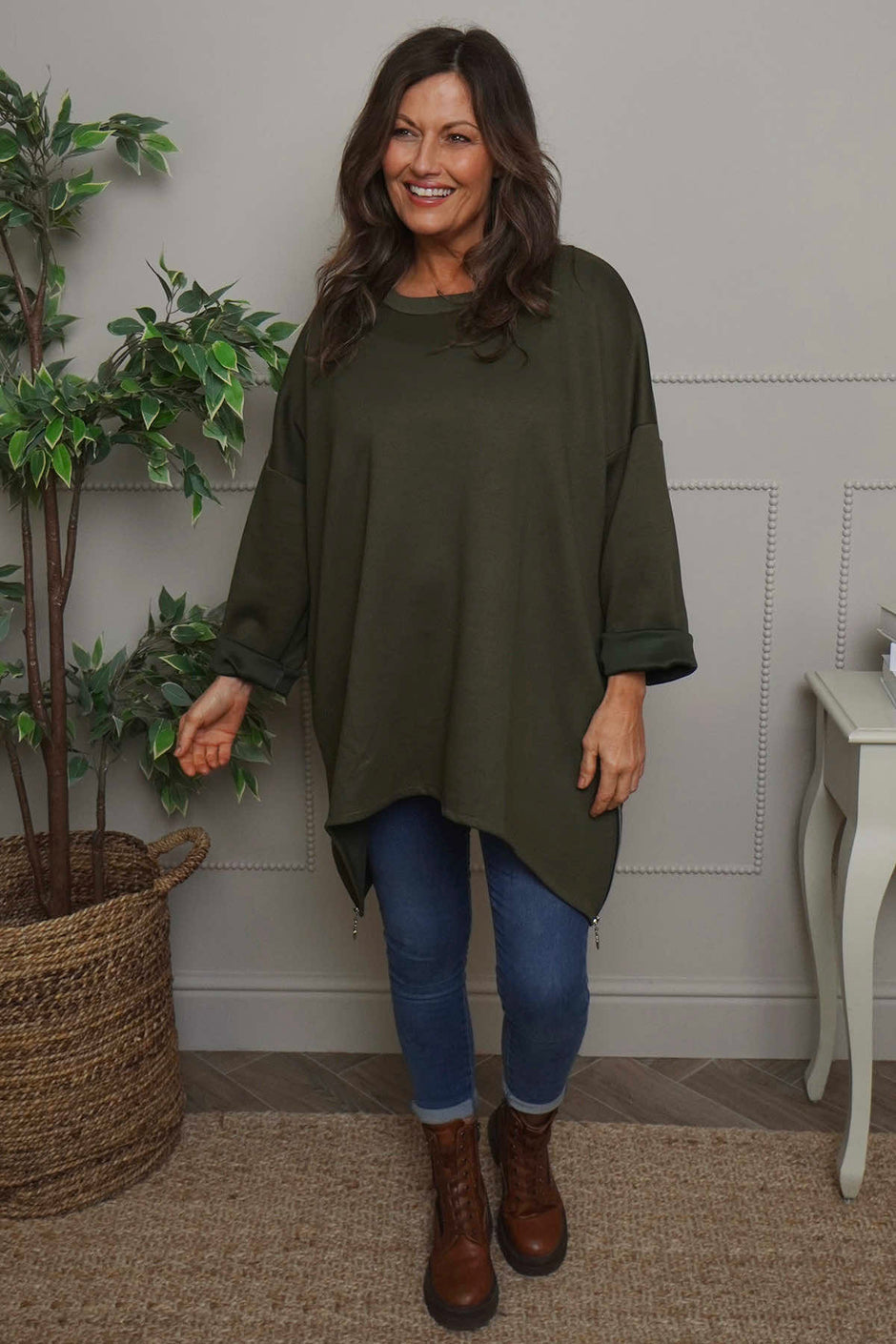 Lynne Zip Dipped Hem Top Khaki