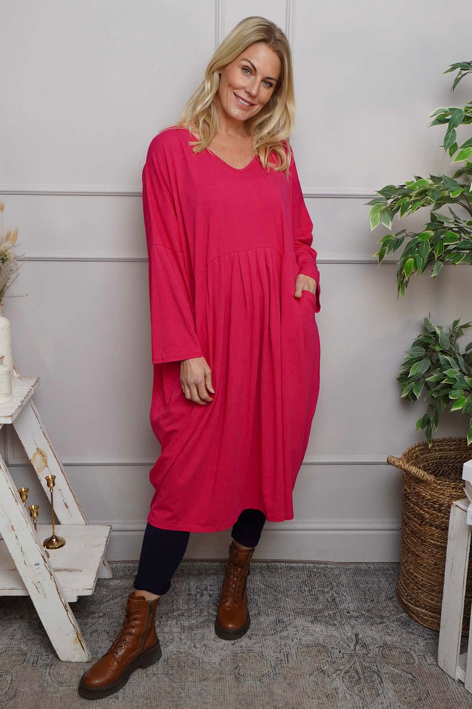 Fenella Long Sleeve Cotton Dress Fuchsia
