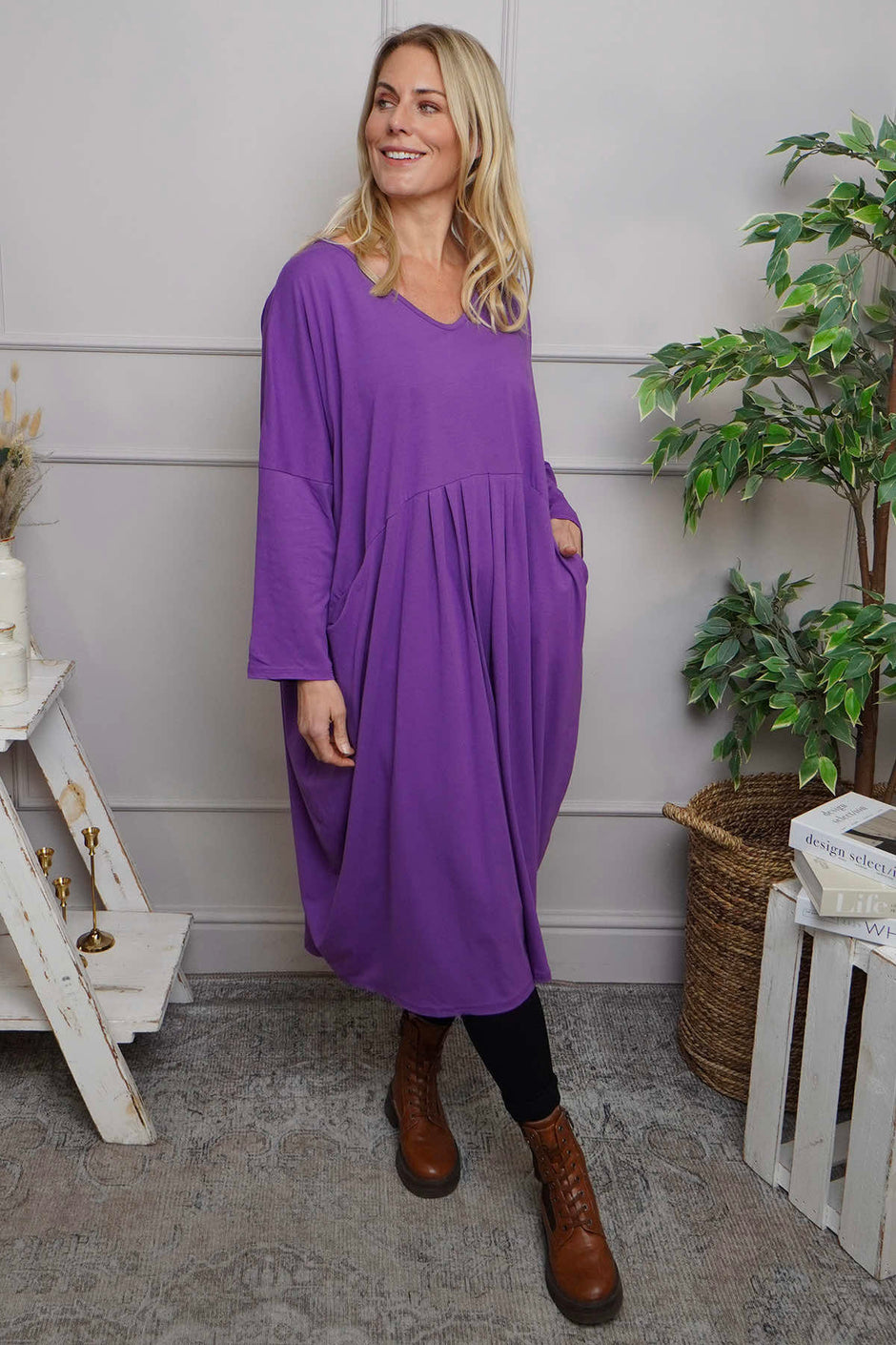 Fenella Long Sleeve Cotton Dress Purple