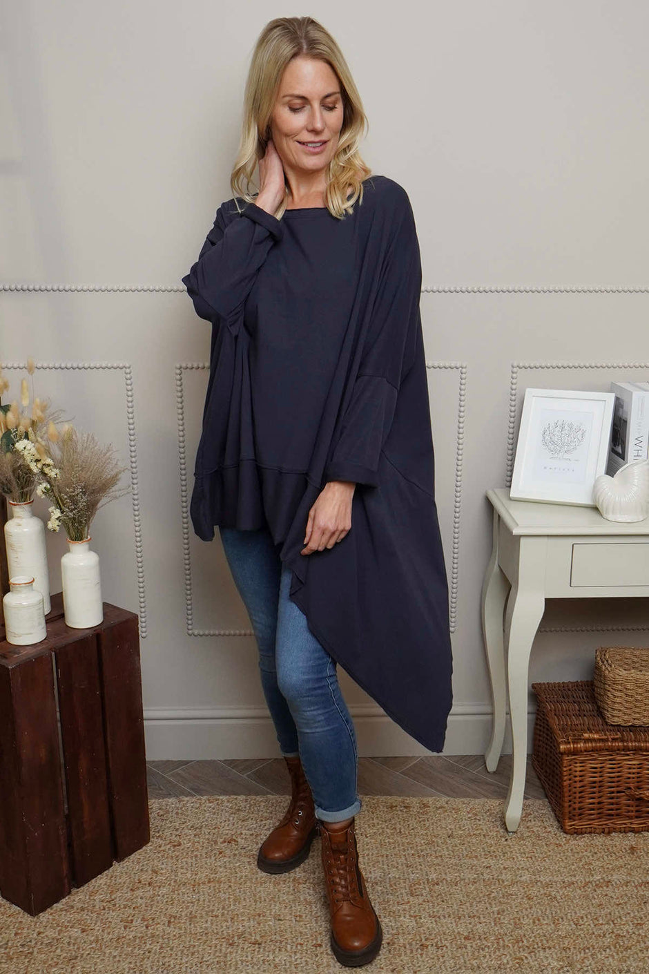 Margie Dip Side Cotton Top Navy