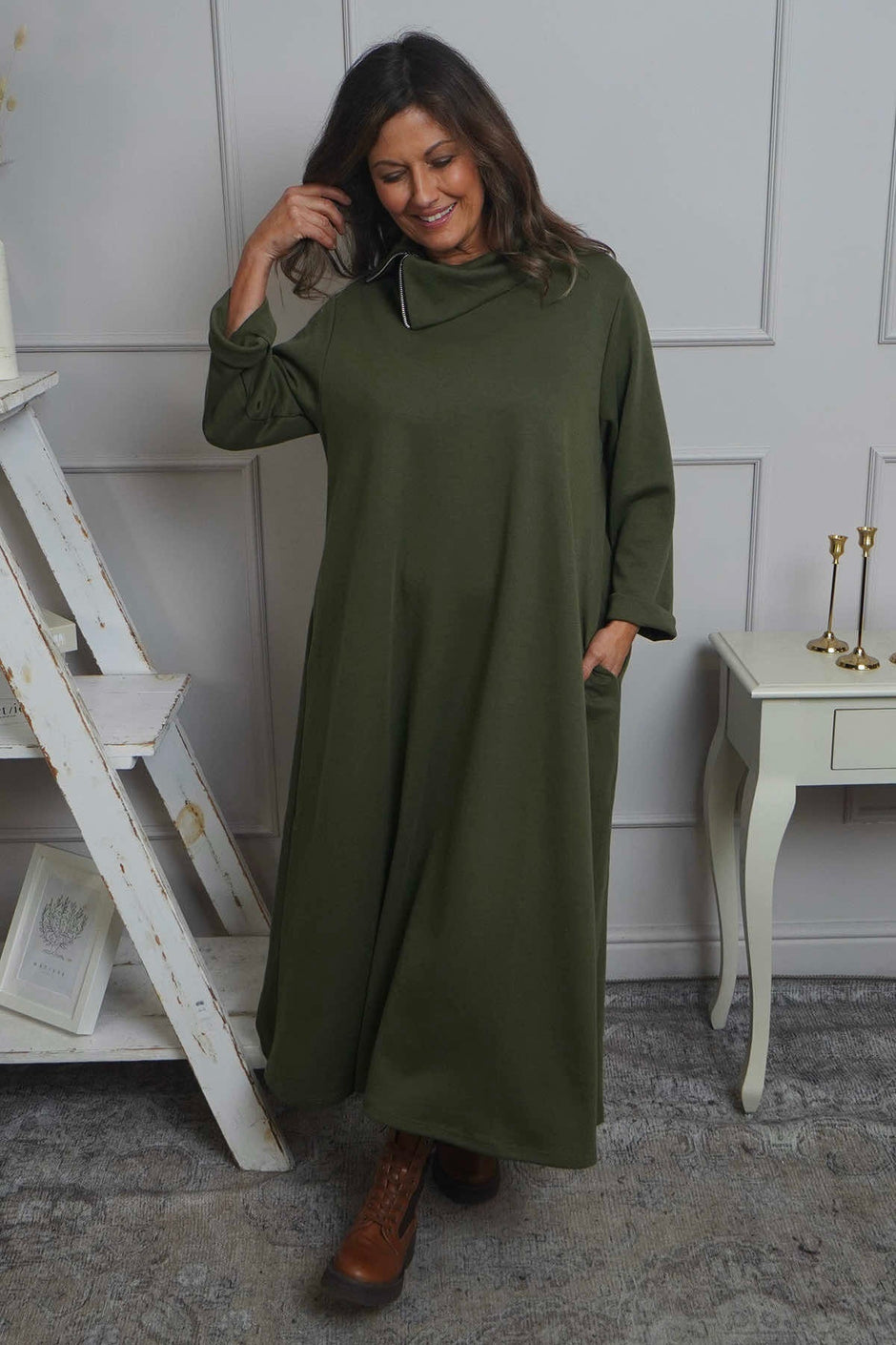 Wanda Zip Polo Cotton Dress Khaki