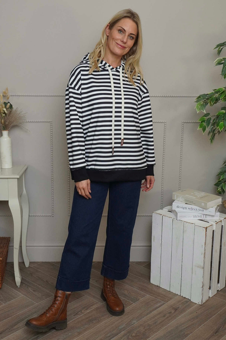 Selena Stripe Hooded Top Black