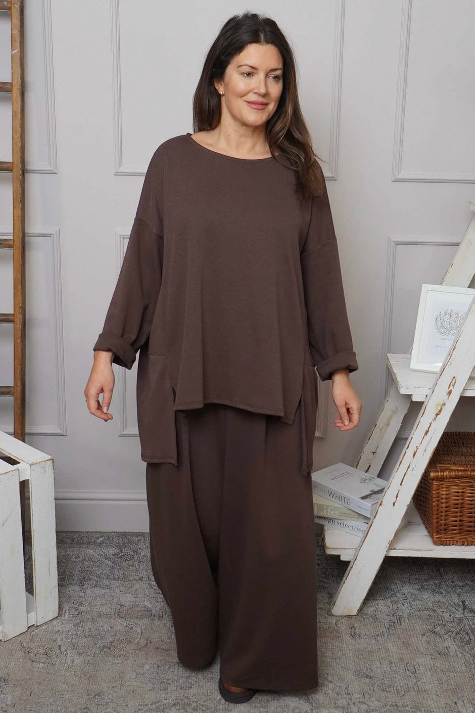 Charla Dipped Hem Cotton Top Cocoa
