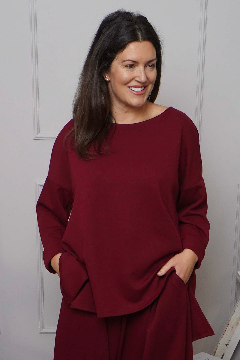 Charla Dipped Hem Cotton Top Wine