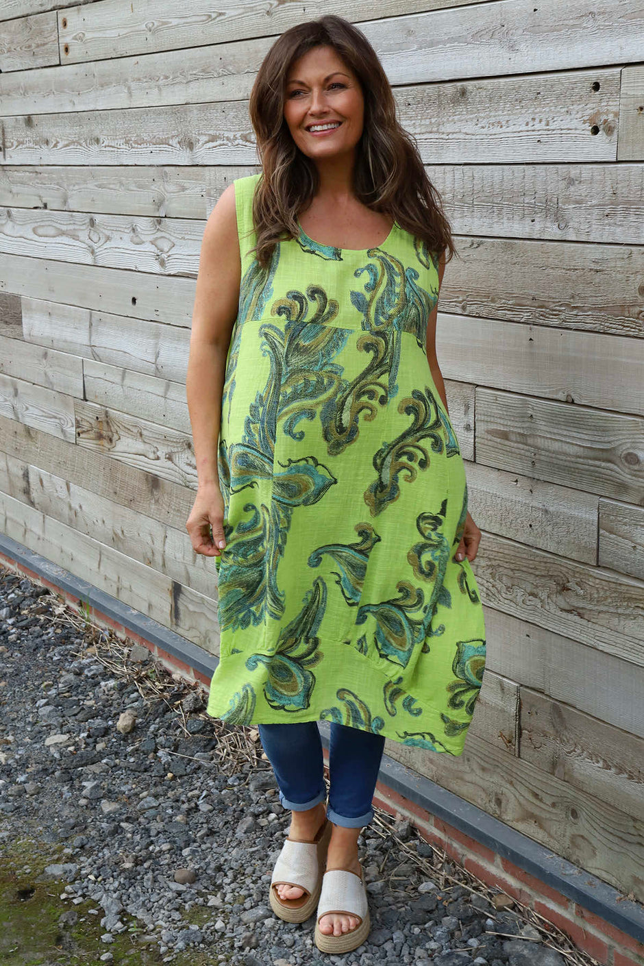 Carrie Sleeveless Pattern Cotton Dress Lime