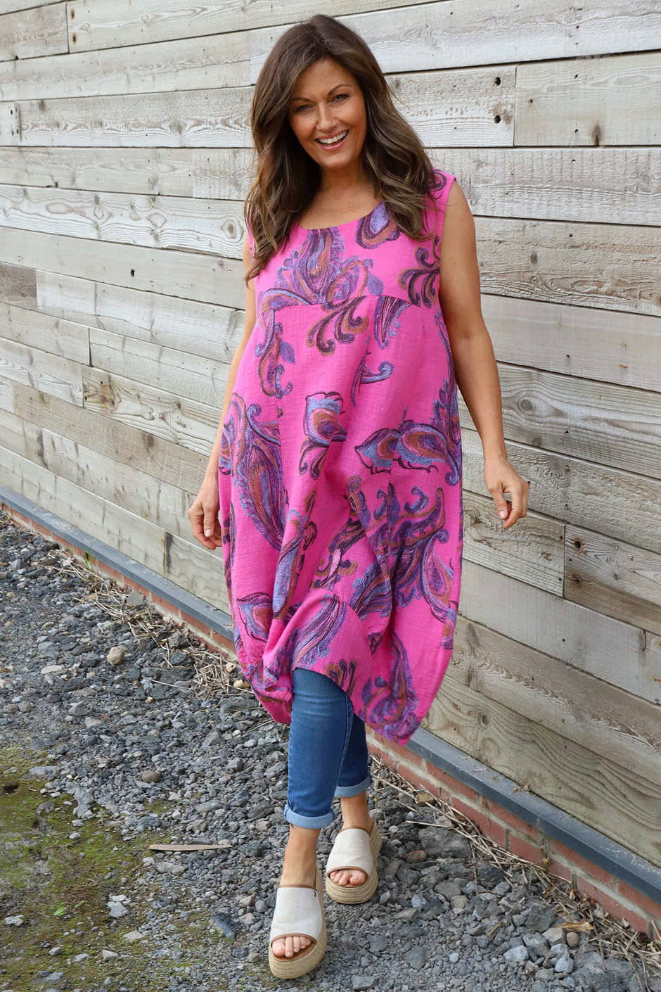 Carrie Sleeveless Pattern Cotton Dress Fuchsia
