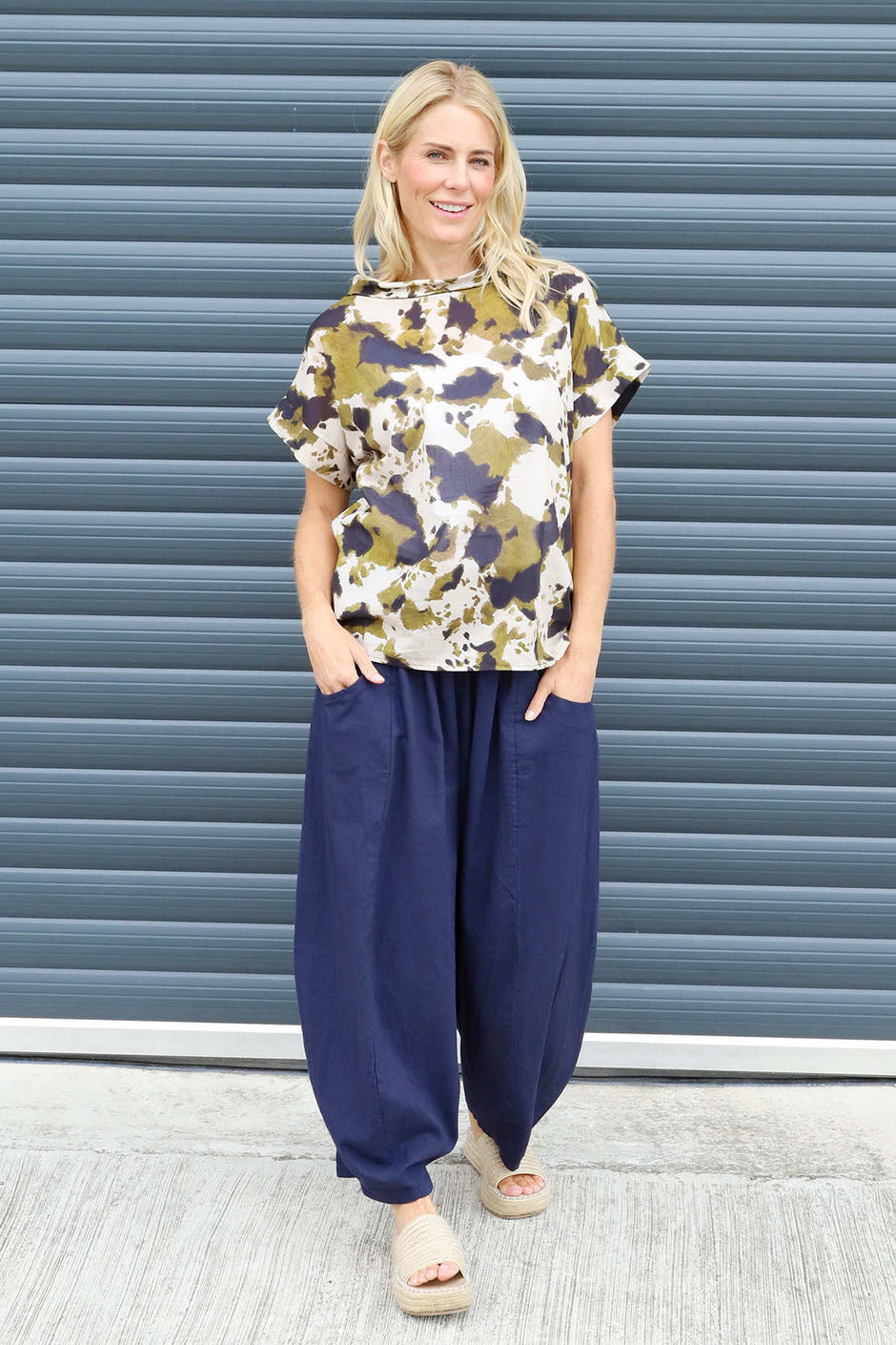 Nancy Print Cowl Neck Top Olive