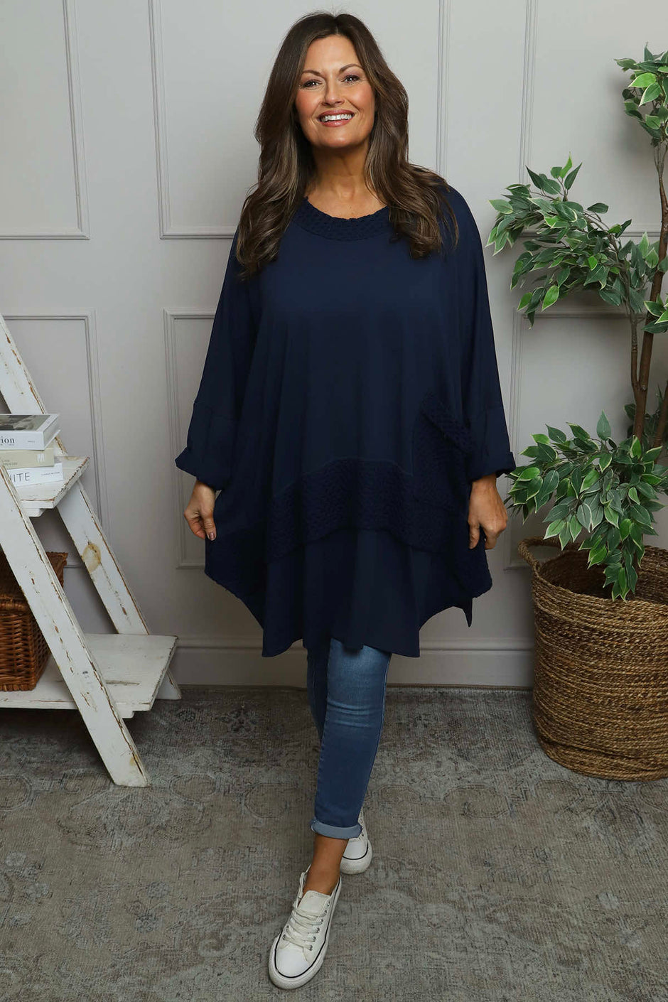 Mozelle Crochet Detail Cotton Top Navy