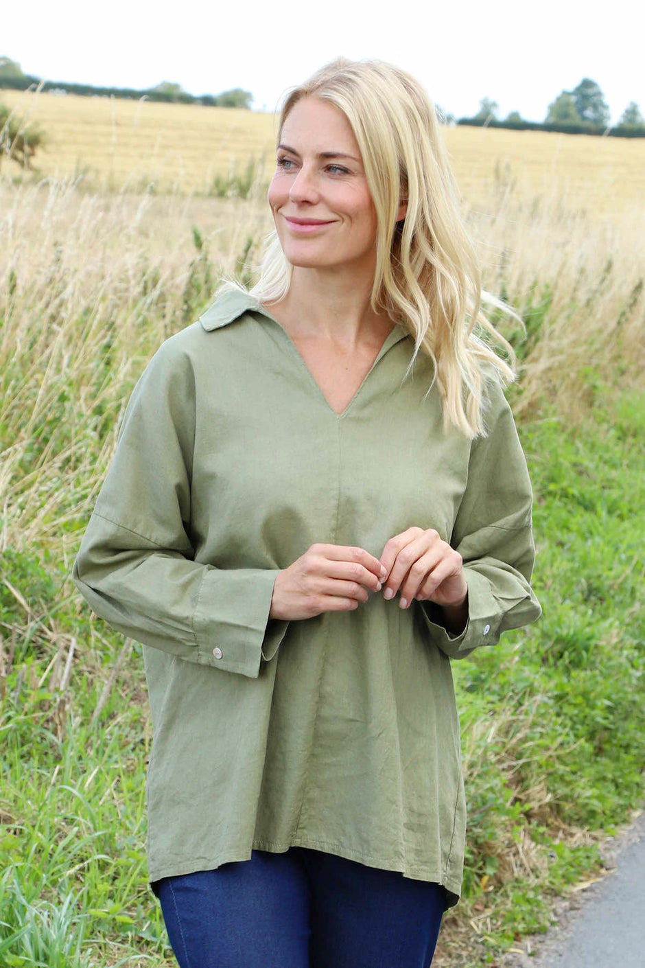 Audrey Collared Linen Top Khaki