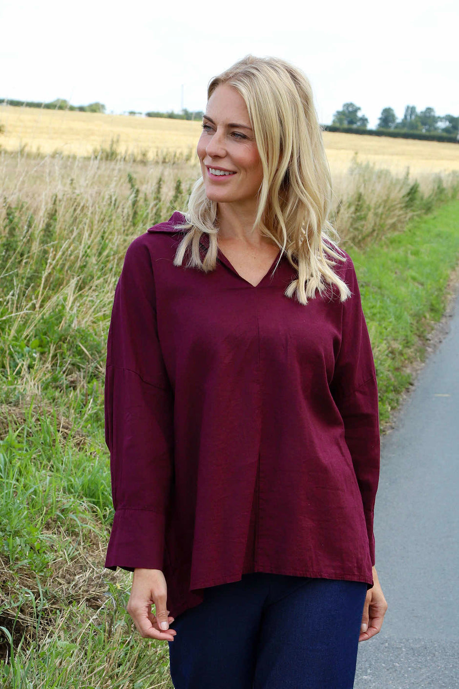 Audrey Collared Linen Top Burgundy