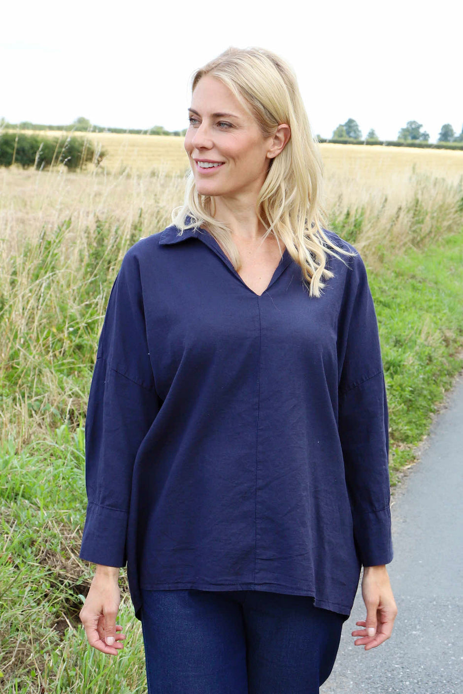 Audrey Collared Linen Top Navy