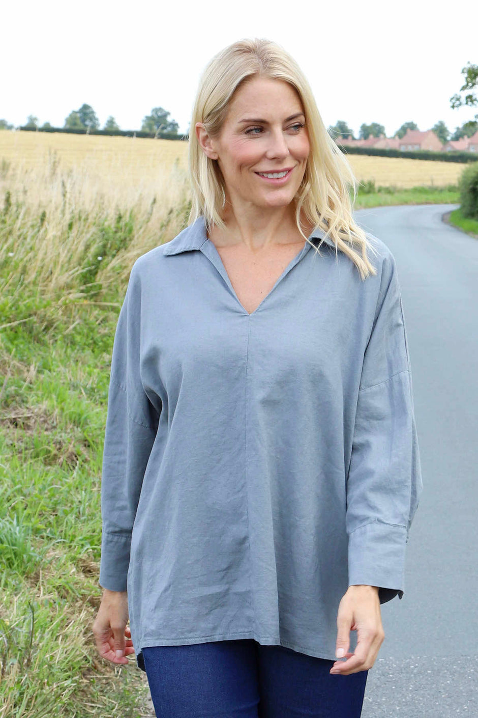 Audrey Collared Linen Top Mid Grey