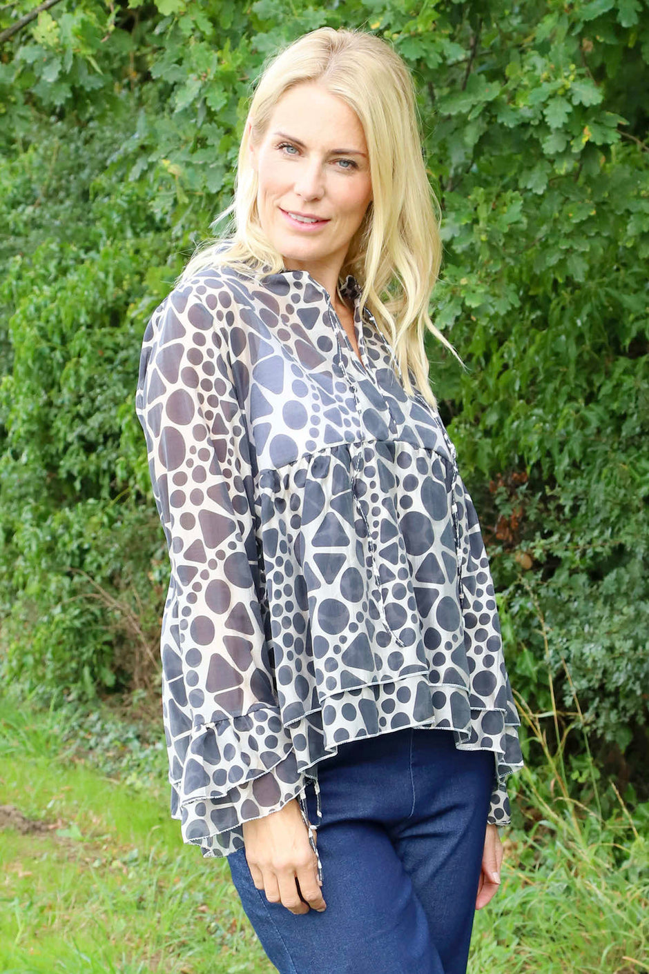 Edith Print Tie Front Top Charcoal