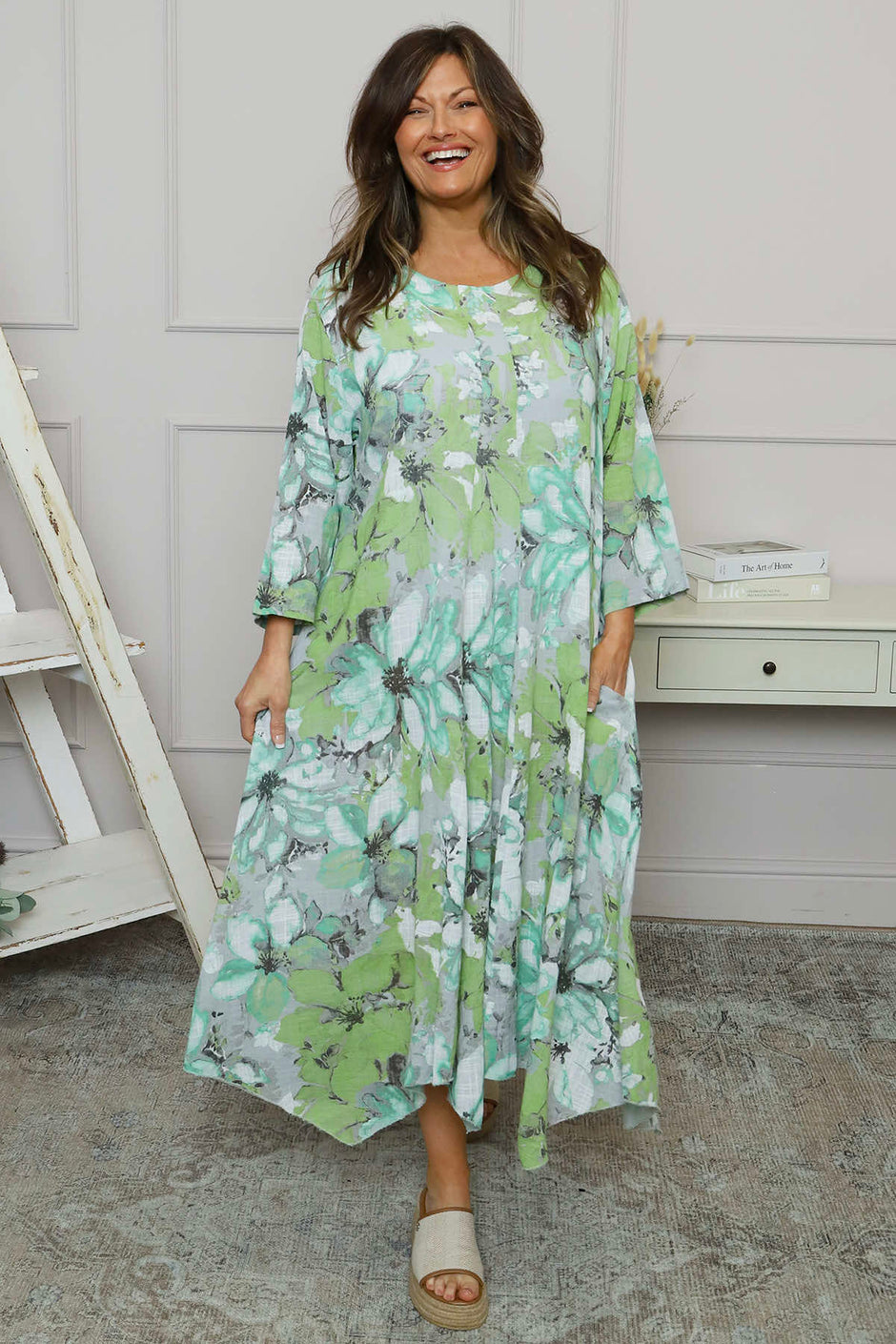 Eleni Print Linen Dress Grey