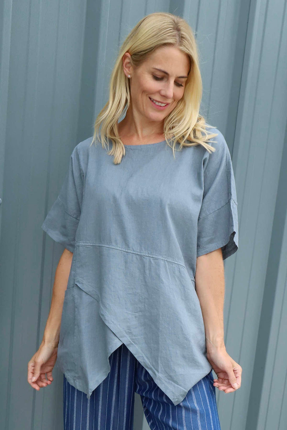 Merle Pocket Linen Top Mid Grey