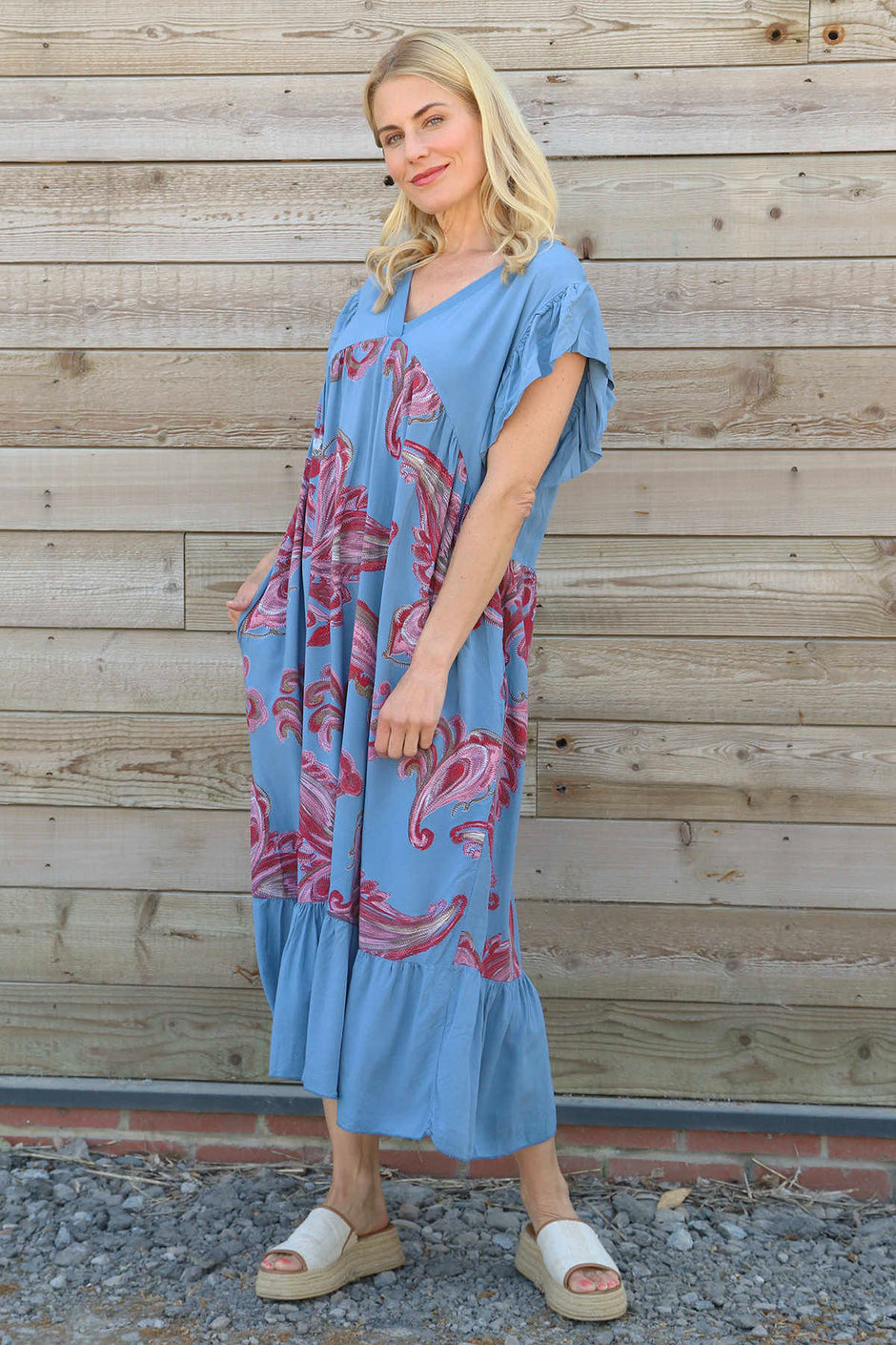 Carli V-Neck Pattern Dress Blue