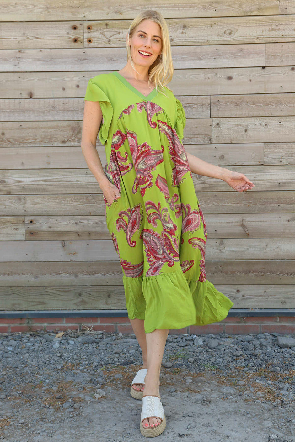 Carli V-Neck Pattern Dress Olive