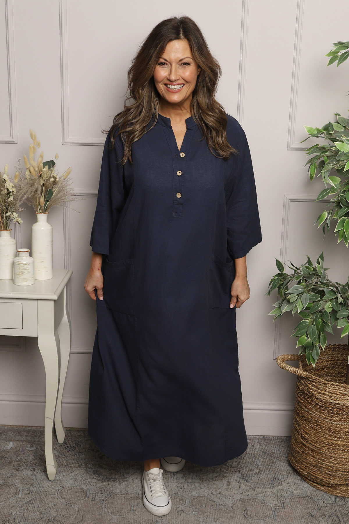 chinese dress ladies Navy Reese Button Linen Dress | Made In Italy