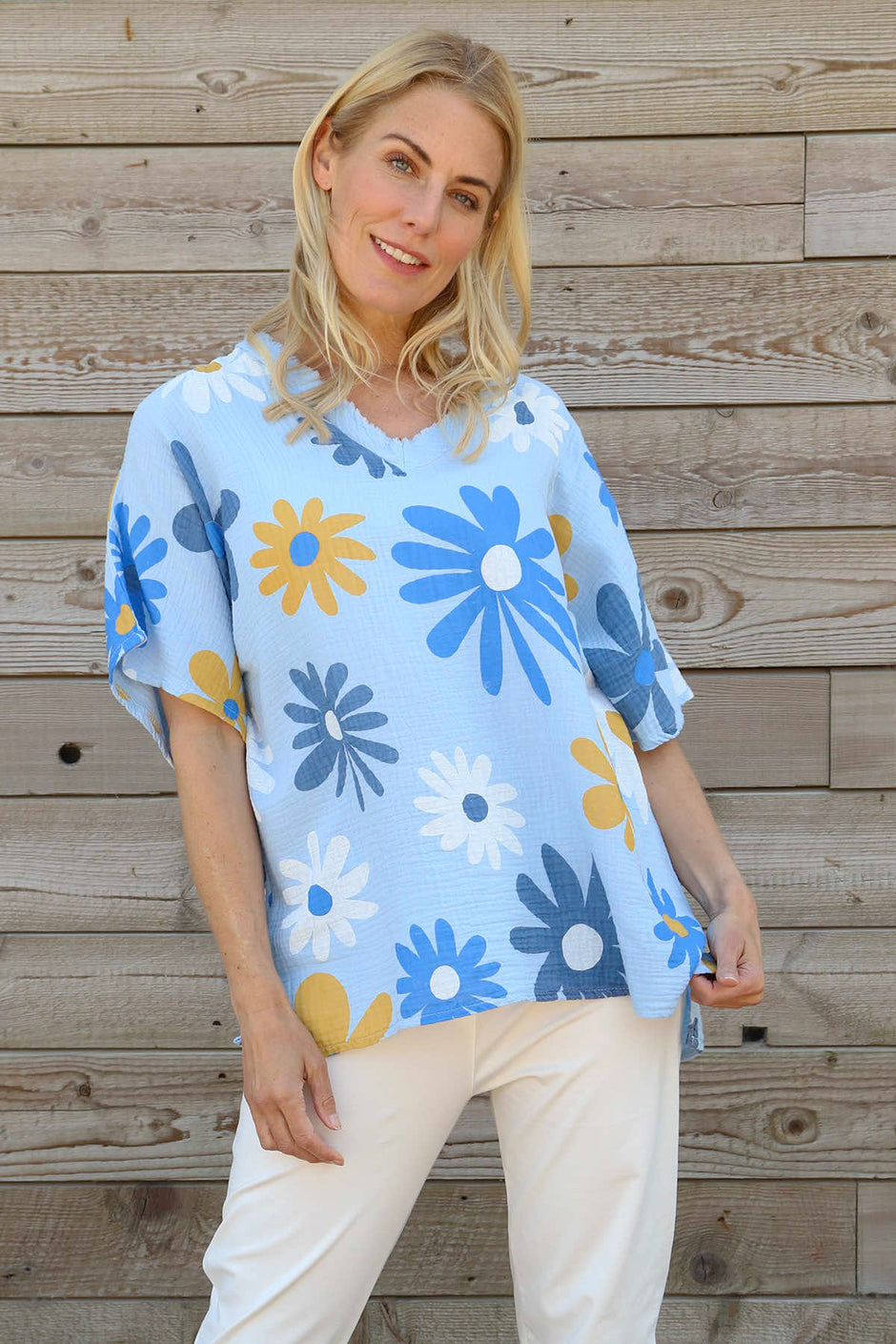 Yvonne Floral Crinkle Cotton Top Light Blue