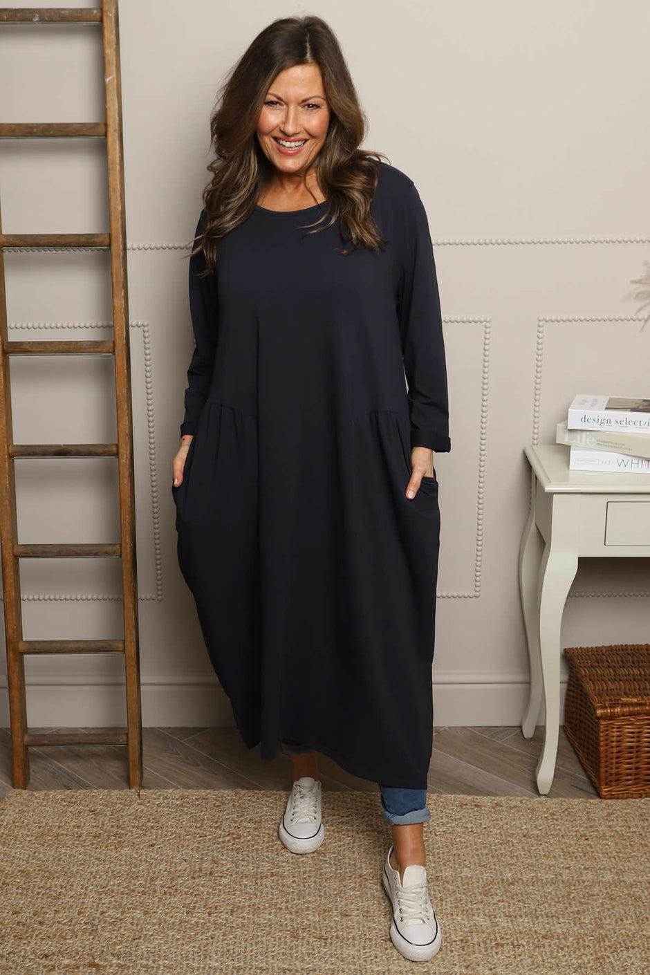 Kayleigh Long Sleeve Cotton Dress Navy