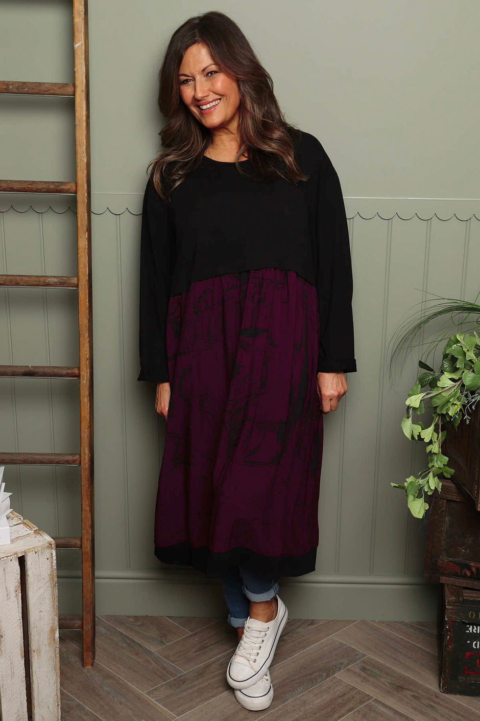 Janette Print Cotton Dress Burgundy