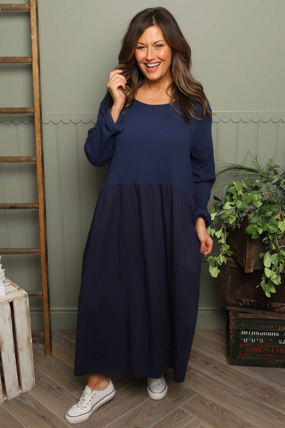 Tina Ribbed Detail Cotton Dress Navy