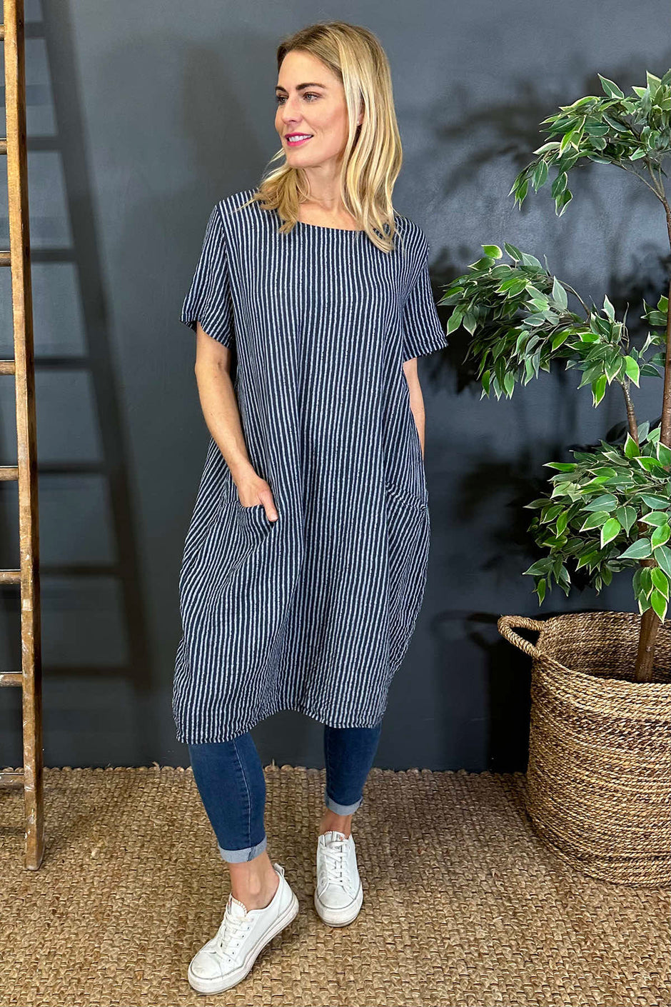 Phoebe Stripe Cotton Dress Navy