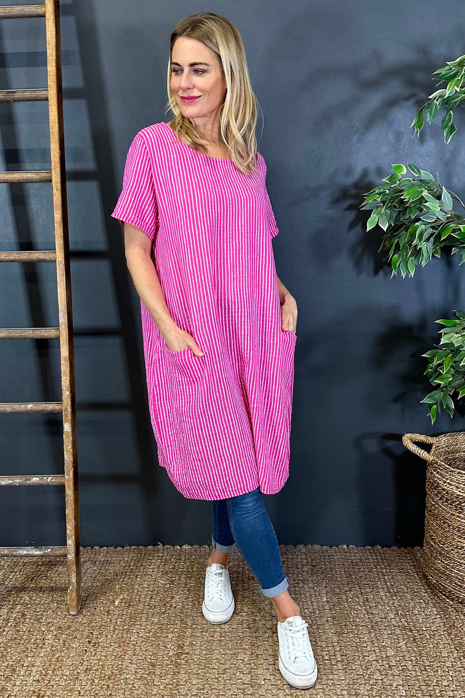Phoebe Stripe Cotton Dress Fuchsia
