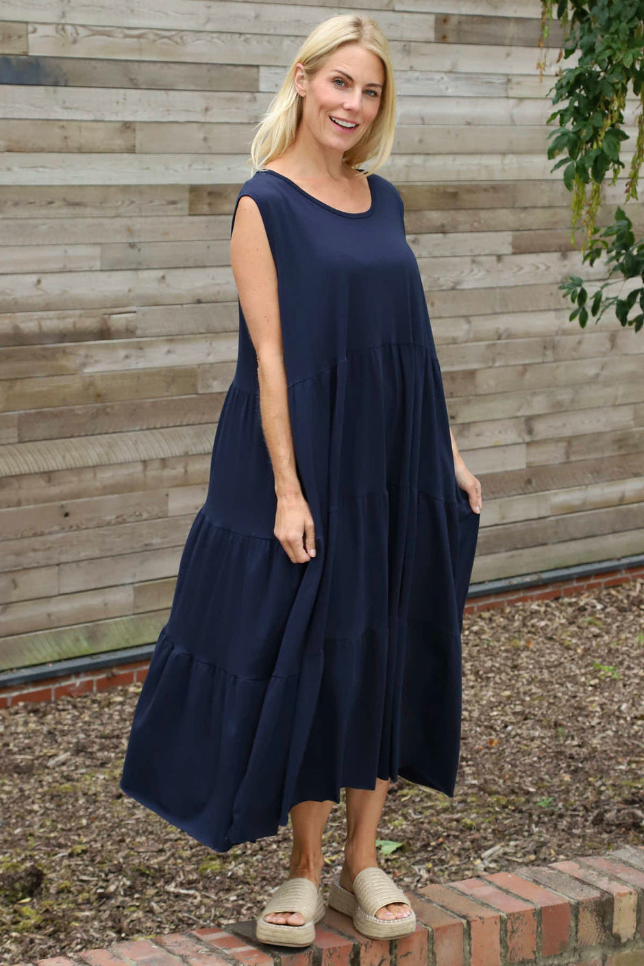 Demelza Sleeveless Tiered Cotton Dress Navy