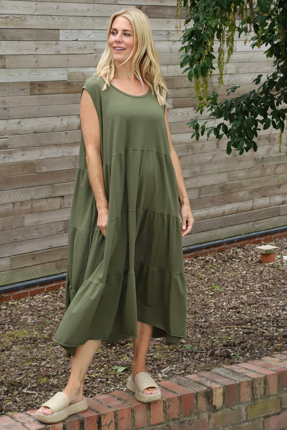 Demelza Sleeveless Tiered Cotton Dress Khaki