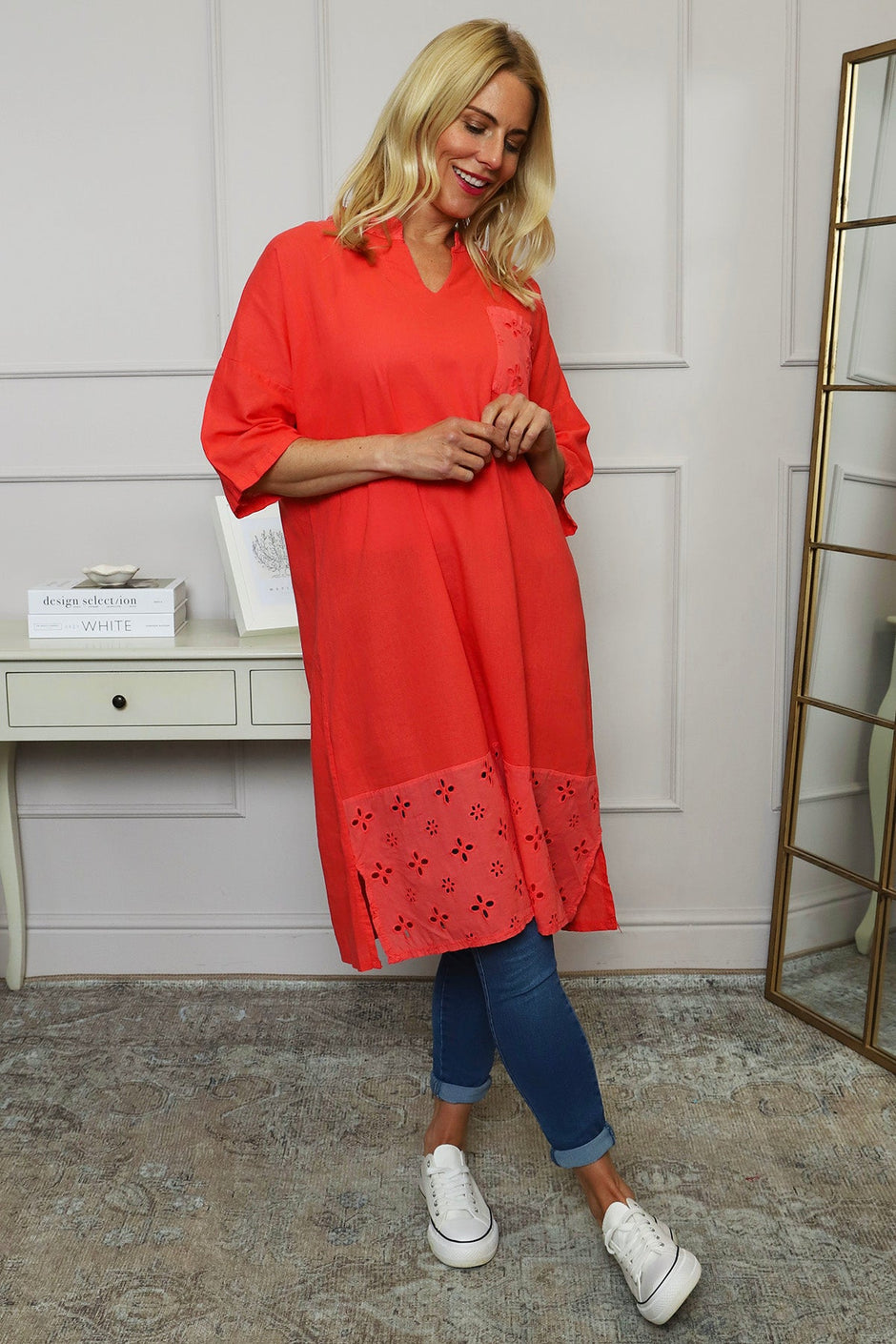 Gabrielle Embroidered Linen Dress Coral