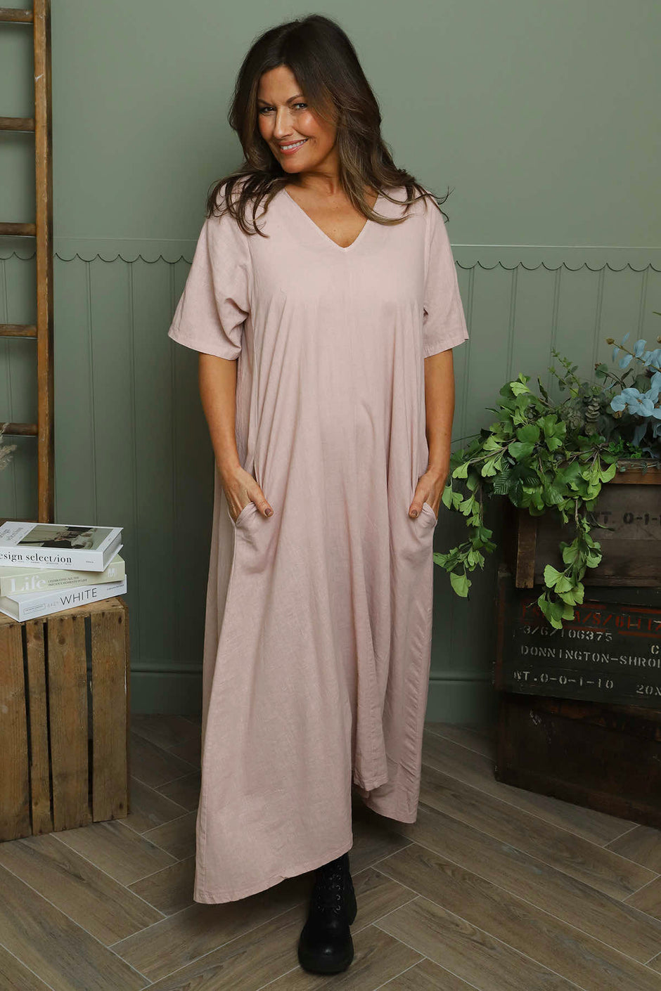 Ellerie V-Neck Linen Dress Pink