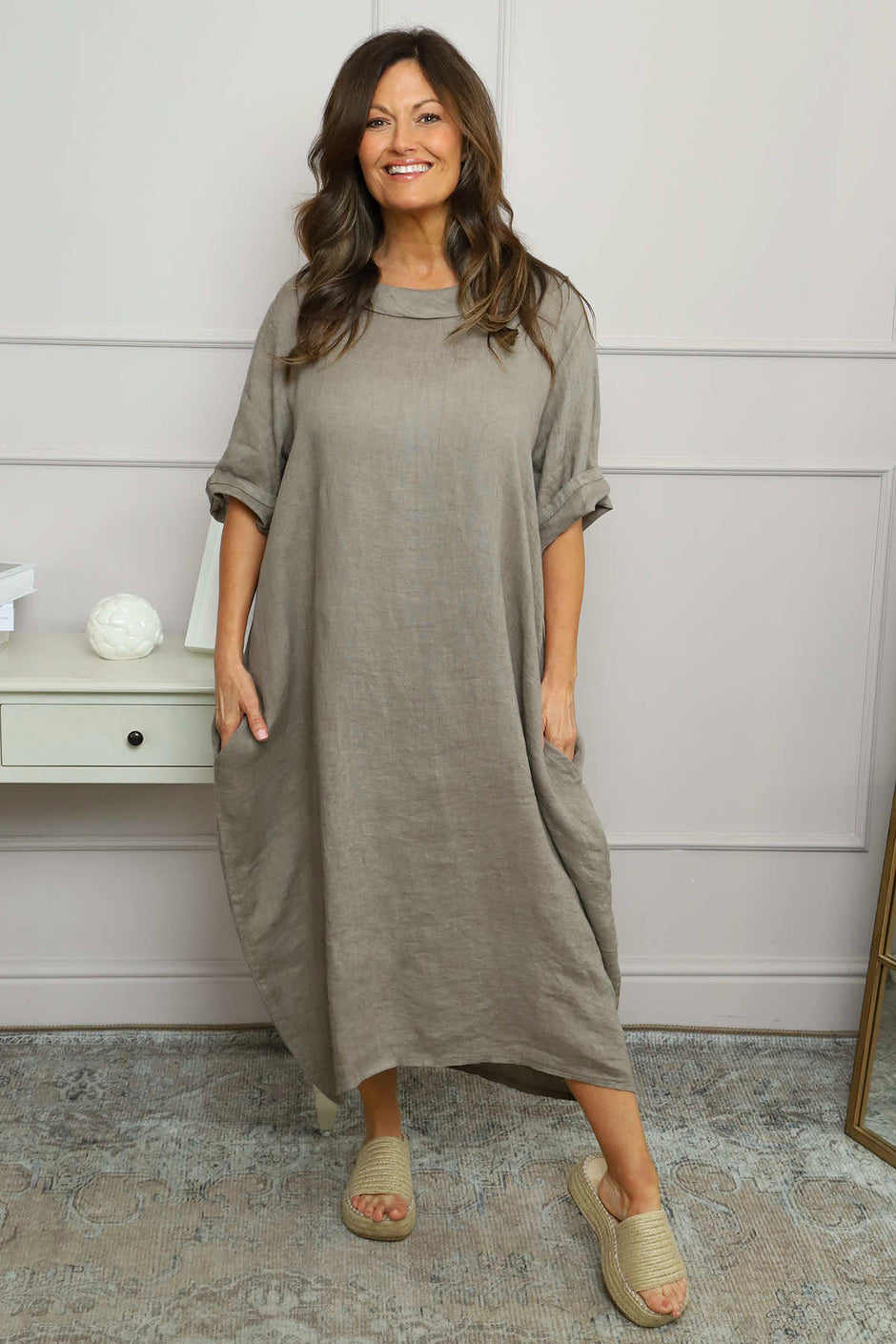 Tasha Cowl Neck Linen Dress Mocha