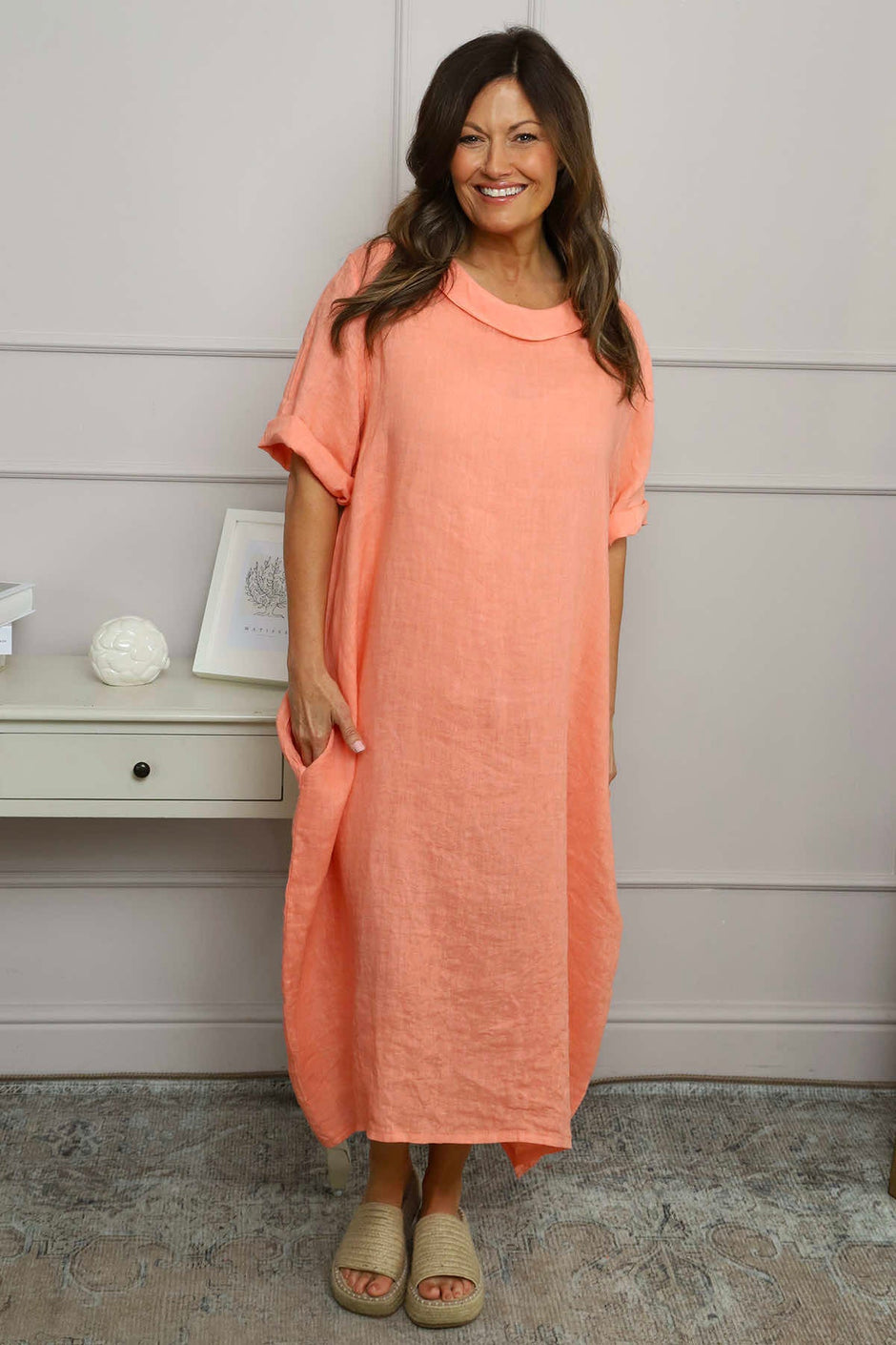 Tasha Cowl Neck Linen Dress Orange